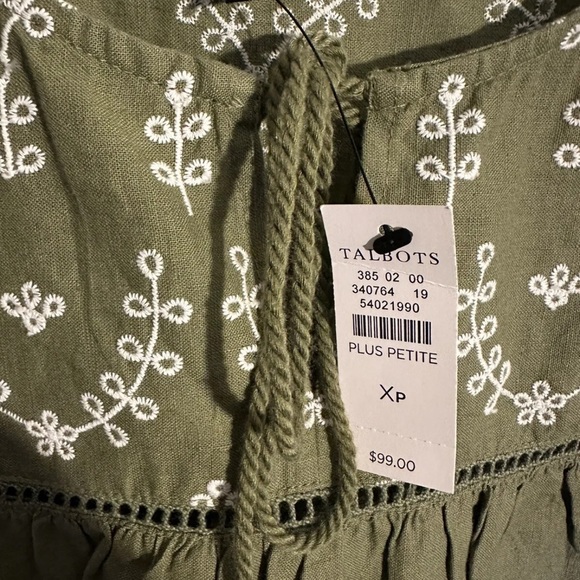 Talbots Embroidered Scallop Hem Top Olive green Sleeveless Linen Cotton Size XP - Picture 2 of 5